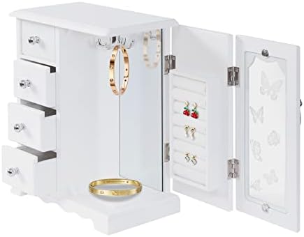 DYRABREST 4 TierJewelry Box White Wooden Jewelry Organizer Girls Women Jewelr...