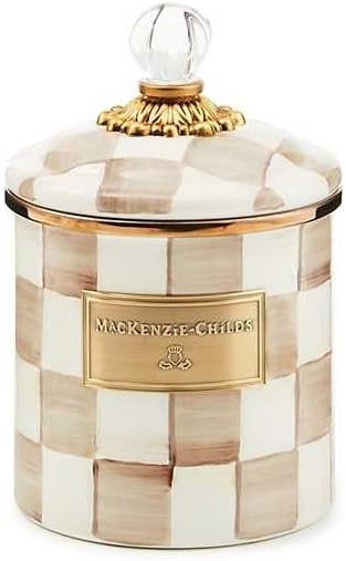MACKENZIE-CHILDS Enamel Canister, Small, Brown-and-White Mocha Check | Hand-painted design, made from enameled steel, versatile kitchen storage container for flour and sugar, 38-ounce capacity