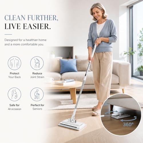 Hands-Free Multi-Purpose Flat Mop, Shark Tooth Triple Grip Built-in Rubber Squeegee for Window One Button Automatic Release Flat Mop Washable Reusable Microfiber Cloth,10×49 in