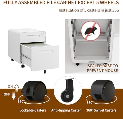 2 Drawer Mobile Low Profile File Cabinet with Lock and 4 Keys