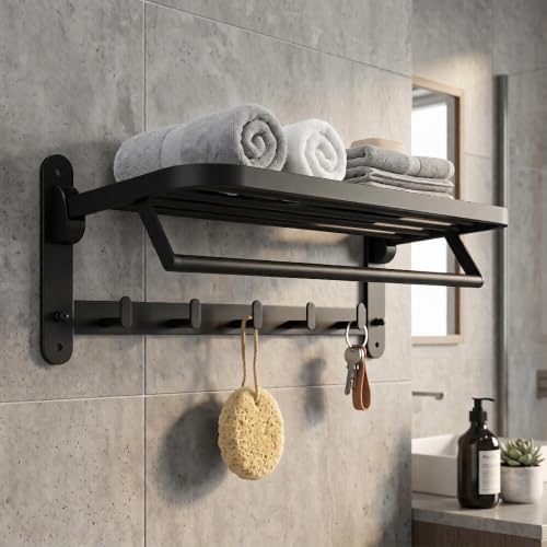 ROSHAN 24 Inch Foldable Towel Rack with Shelf, Wall Mounted, Matte Black