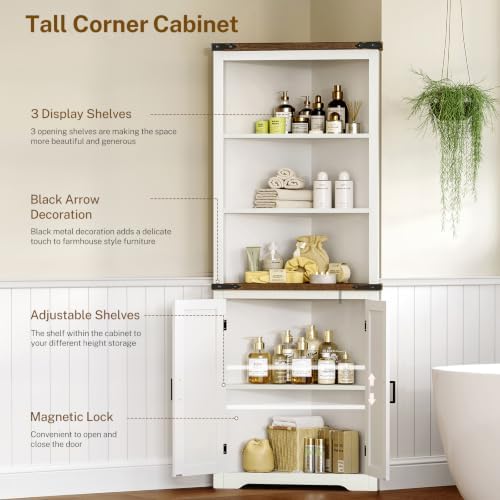 TEENFON Farmhouse Corner Cabinet, 70" H Tall Corner Hutch with 5 Shelves...