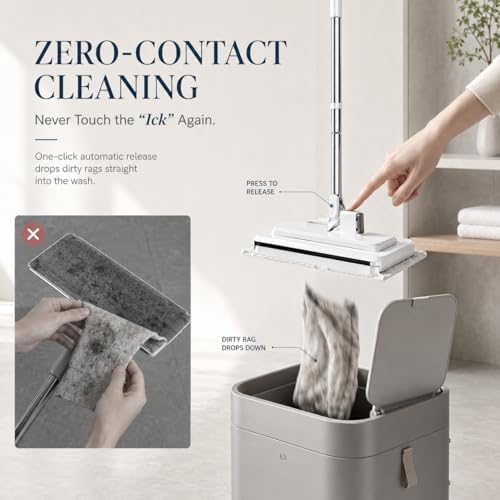 Hands-Free Multi-Purpose Flat Mop, Shark Tooth Triple Grip Built-in Rubber Squeegee for Window One Button Automatic Release Flat Mop Washable Reusable Microfiber Cloth,10×49 in