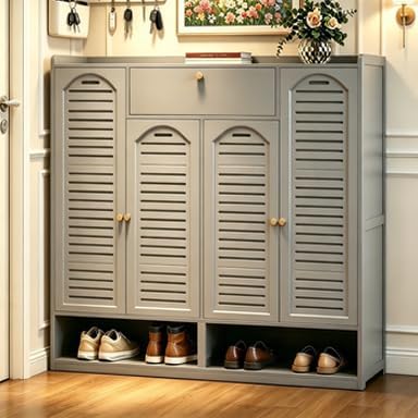 7 Tier Bamboo Shoe Cabinet - Shoe Storage Cabinet with Doors, 35-40 Pairs Bamboo Shoe Storage Rack, Entrance Shoe Cabinet for Hallway Living Room Entryway (Grey-2)