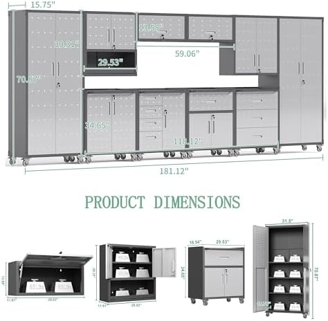 10-piece heavy duty steel garage cabinet system | shown in use
