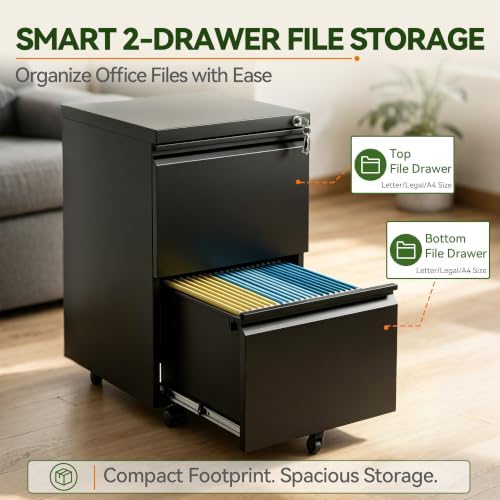 SAWJEC 2 Drawer Rolling File Cabinet Fully Assembled, Black