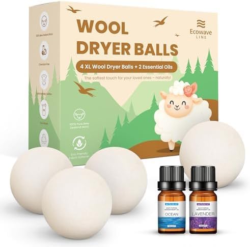 Wool Dryer Balls – 4XL Pack + 2 Essential Oils – 100% Pure New Zealand Wool – by Unknown