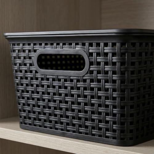 13 Quart Stackable Flat Plastic Storage Basket with Lid, 6 Packs