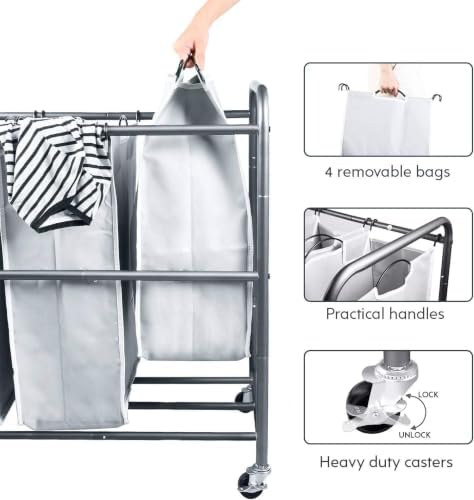 ROMOON Laundry Hamper Sorter Cart, 4-Section Organizer with Lockable Wheels