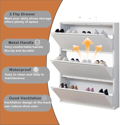 Shoe Storage Cabinet with 3 Flip Drawers, Hidden Slim Narrow Shoe Rack Cabine...