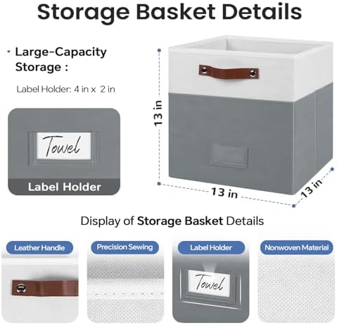 FinishingBo 13 inch Storage Bins with Labels 6 Pack | PU Leather Handles, Foldable Storage Cubes, Storage Baskets, Closet Storage, White/Dark Grey