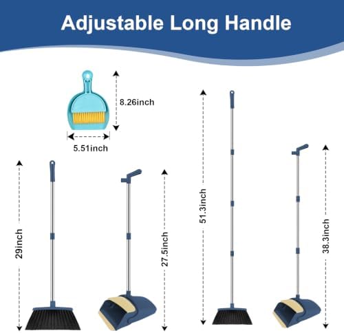 Broom and Dustpan Set, 51" Long Handle Broom with Mini Set Navy Blue | Mini Set for Tables, Kitchens & Tight Spaces, Built-in Comb Dustpan, Foldable Space-Saving Storage, Multi-Surface Use
