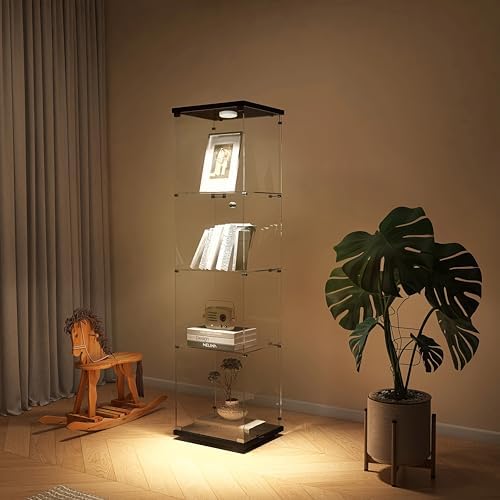 Glass Display Cabinet with Lights and Lock, 4-Tier Display Case Curio Cabinet...