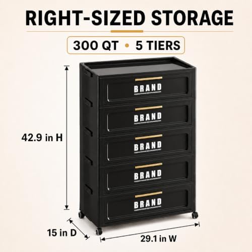 300QT Foldable Storage Cabinet with Doors and Locking Wheels, 5-Tier Heavy-Du...