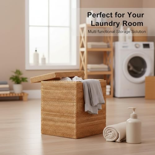 Rectangular Woven Laundry Basket with Lid, Handwoven Natural Autumn Rattan De...
