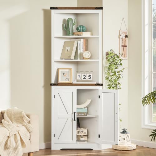 TEENFON Farmhouse Corner Cabinet, 70" H Tall Corner Hutch with 5 Shelves...