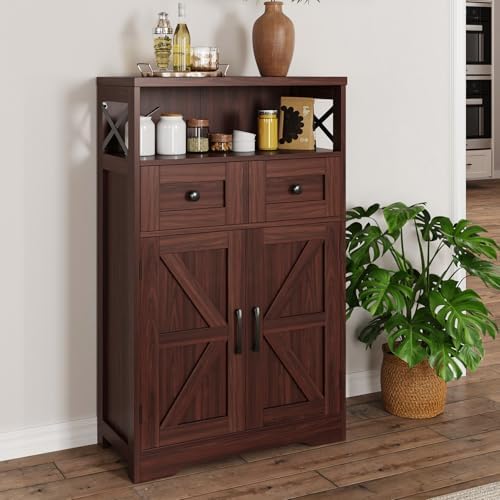 Dark Brown Farmhouse Storage Cabinet with Doors and Drawers, Small Pantry