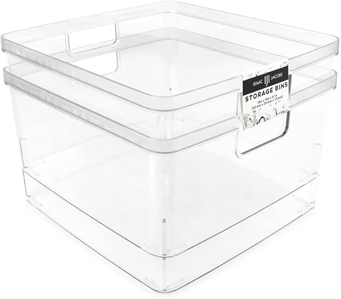 Isaac Jacobs 2-Pack Square Clear Storage Bins w/Cutout Handles, Plastic by IsaacJacobs