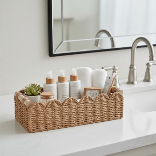 CubesLand Scalloped Toilet Paper Storage Basket W/Handle for Home Decor | Paper Rope Toilet Organizer Basket for Countertop, Over Toilet Shelf, End Table, Living Room, Bedroom Decor & More, Neutral