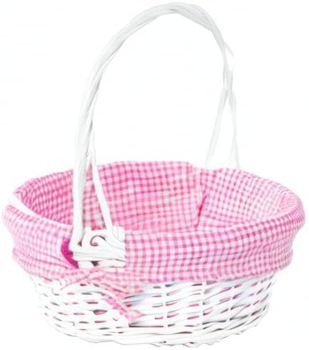 White Round Willow Gift Basket with Pink Gingham Liner & Handle, Mediun –...