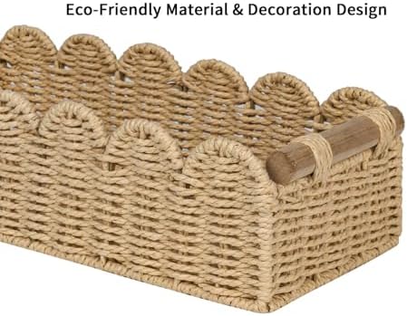 CubesLand Scalloped Toilet Paper Storage Basket for Over Toilet Shelves | Decorative Wicker Organizer Basket Perfect for Home Countertop Storage, Small Basket, Living Room Shelf Decor, Beige