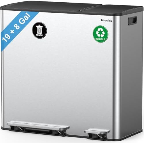 Dual Trash and Recycling Bins for Kitchen, 19+8 Gallon (72+30L) Stainless Steel Trash and Recycle Bin Combo with Soft-Close Lid, Large Garbage Cans for Kitchen Home with 2 Magnets Sticker, Silver