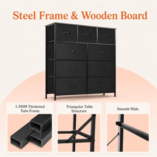 9-Compartment Storage Cabinet with Fabric Bins and Steel Frame, Black