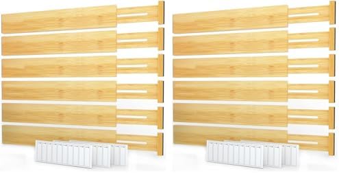 SpaceAid Bamboo Drawer Dividers with Labels, Kitchen Adjustable Drawer Organizers, Expandable Organization for Home, Office, Dressers and Bathroom, 6 Dividers (17-22 in) (Pack of 2)