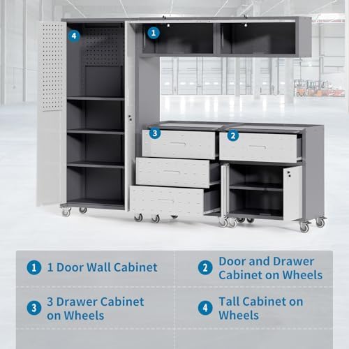 Garage Storage Cabinets System 5PCS Workshop Set with Drawers Locking Heavy D...