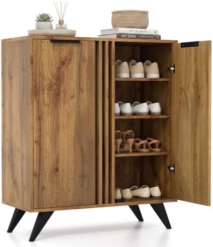 GIANTEX 4-Tier Wooden Shoe Cabinet for Entryway with 2 Doors