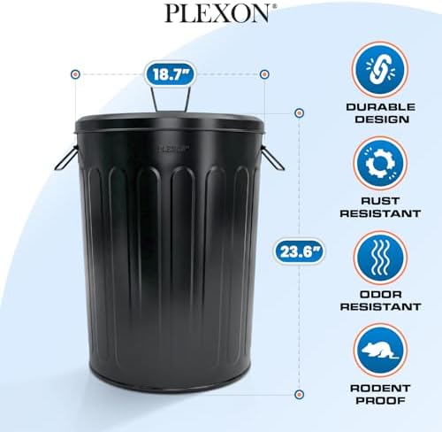 Plexon 20 Gallon Metal Trash Can with Lid Outdoor Large Trash Bin Steel Garbage Can for Garage Patio Farmhouse Bucket Bird Seed Storage Can Heavy Duty Round Container, Black