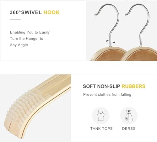 TOPIA HANGER Slim Natural Wood Hangers with Extra Soft Non-Slip Rubber Grips,...