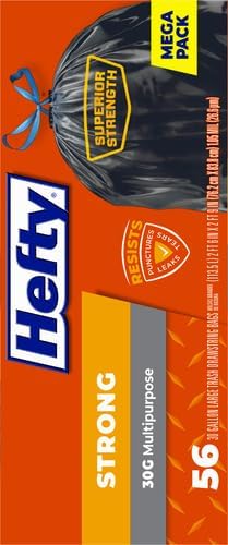 Hefty Strong 30 Gallon Trash_Bags, Large Trash-Bags 30 Gallon Size, Durable Drawstring Enclosure, Resists Punctures, Leaks, and Tears, Black, Unscented, 56 Bags (Pack of 3)