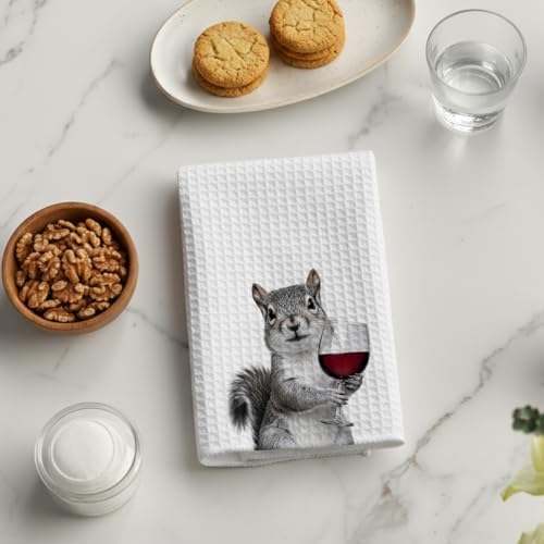 1PCS Funny Wine Lover Kitchen Towels, Squirrel Wine Dish Towels for Kitchen, 16x23.5 Inch Absorbent Waffle Tea Towels, Decorative Hand Towels, Housewarming Hostess Gifts