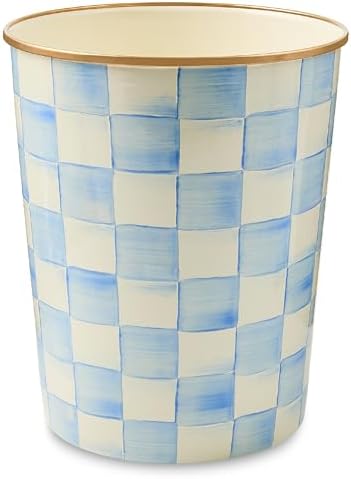 MACKENZIE-CHILDS Waste Bin, Light-Blue-and-White Sky Check | Hand-painted design, made from enameled steel, decorative bedroom or bathroom trash can, 8" dia. x 9.5" H