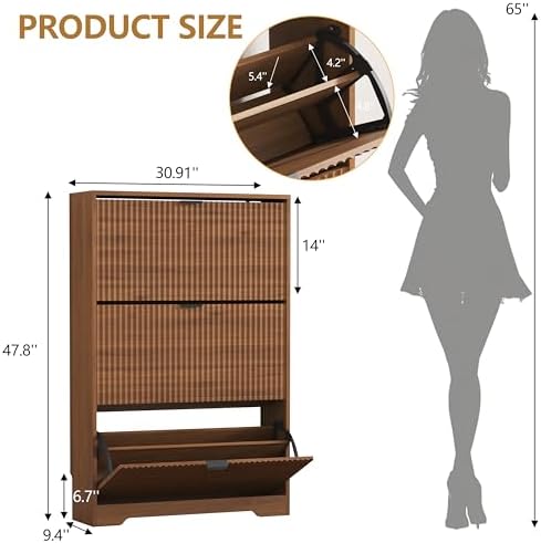 Shoe Cabinet Storage for Entryway with 3 Flip Drawers, Walnut Fluted Shoe Cab...