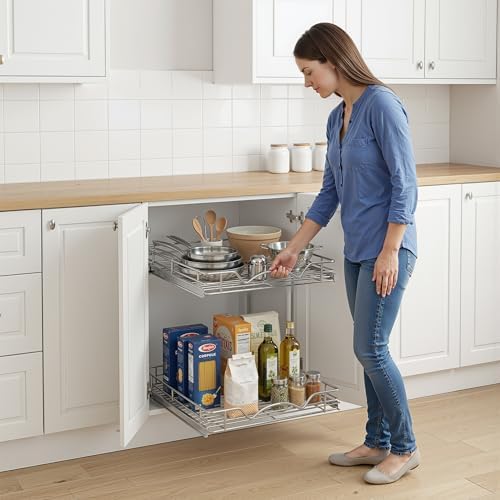 2-Tier Pull-Out Cabinet Organizer for Kitchen, 26"W x 21”D x 16.5"H