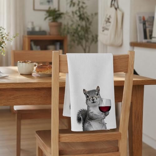 1PCS Funny Wine Lover Kitchen Towels, Squirrel Wine Dish Towels for Kitchen, 16x23.5 Inch Absorbent Waffle Tea Towels, Decorative Hand Towels, Housewarming Hostess Gifts