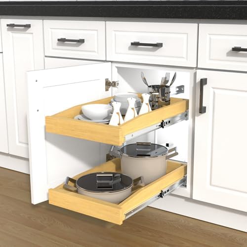 2 Tier Pull Out Cabinet Organizer, 17"W x 21"D Solid Wood Heavy-Dut...