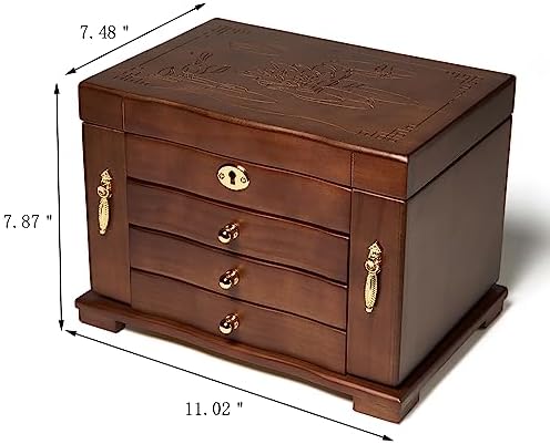 FEECOZ Wooden Jewelry Box for Women, Solid Wood Jewelry Organizer with Mirror...