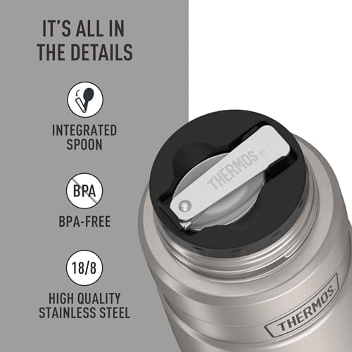 THERMOS Stainless King Food Jar with Spoon, 16oz, Matte Steel | Stainless Steel Insulated Food Container with Built-In Bowl, Keeps Food Hot or Cold Longer for Work & Travel