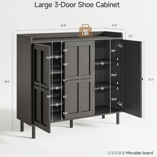 ONBRILL Shoe Cabinet with 3 Doors & Adjustable Shelves for Entryway(Black)
