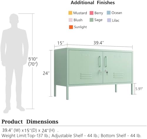 Green 2-Door Wide Lockable Metal Storage Cabinet, TV Stand & Media Consol...