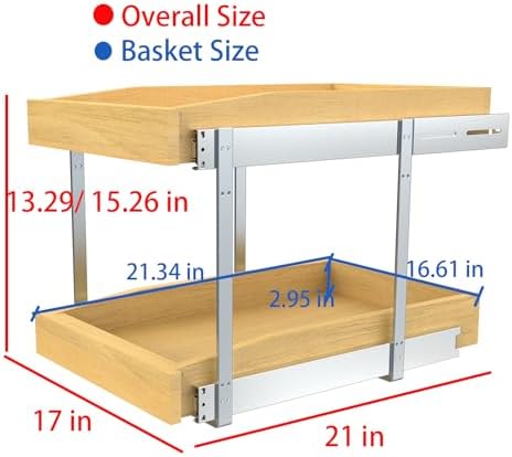 2 Tier Pull Out Cabinet Organizer, 17"W x 21"D Solid Wood Heavy-Dut...