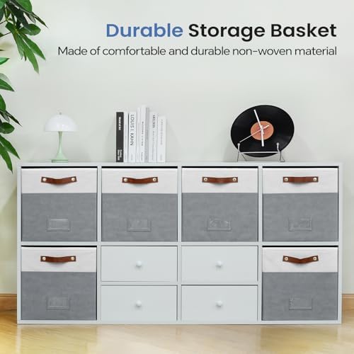 FinishingBo 13 inch Storage Bins with Labels 6 Pack | PU Leather Handles, Foldable Storage Cubes, Storage Baskets, Closet Storage, White/Dark Grey