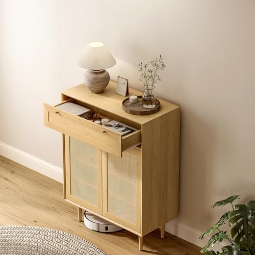 Farmhouse Rattan Shoe Cabinet Boho Shoe Storage Cabinet with 2 Doors Large Wo...