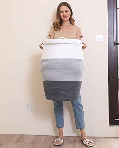26"x20" Extra Large Tall Woven Laundry Basket with Lid, Cotton Rope...