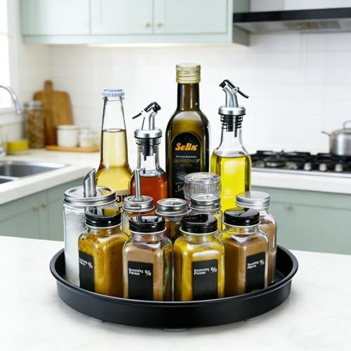 Amolliar Lazy Susan Organizer, 12" Metal Rotating Turntable Organizer Black | Lazy Susan for Cabinet Fridge, Pantry Organizer, Spice Rack Condiment Organizer for Kitchen, Countertop Bathroom Vanity Tray