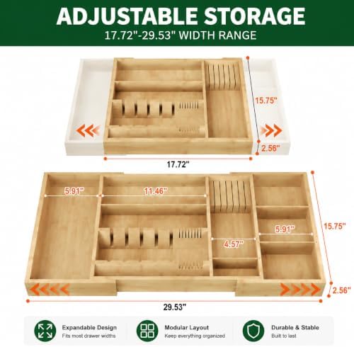 Bamboo Expandable Kitchen Drawer Organizer, 17.7-29.5 in,Natural