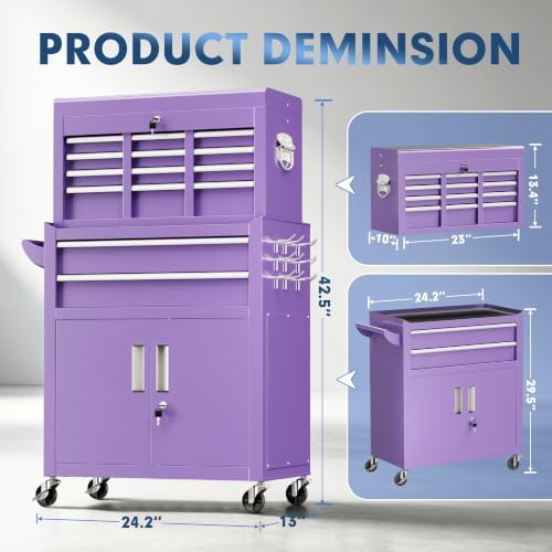 8-Drawer Rolling Tool Chest & Cabinet with Lock and Wheels,Purple